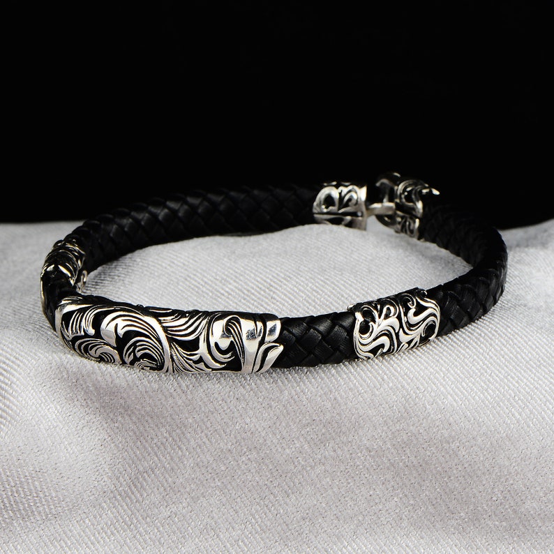 Mens Silver Bracelet , Black Leather Bracelet