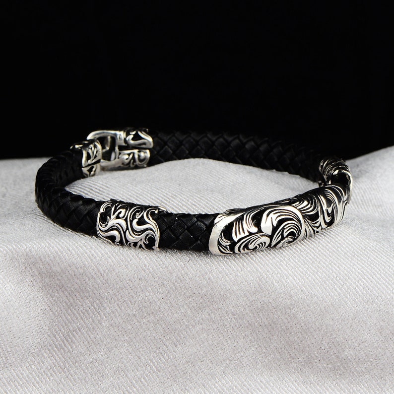 Mens Silver Bracelet , Black Leather Bracelet