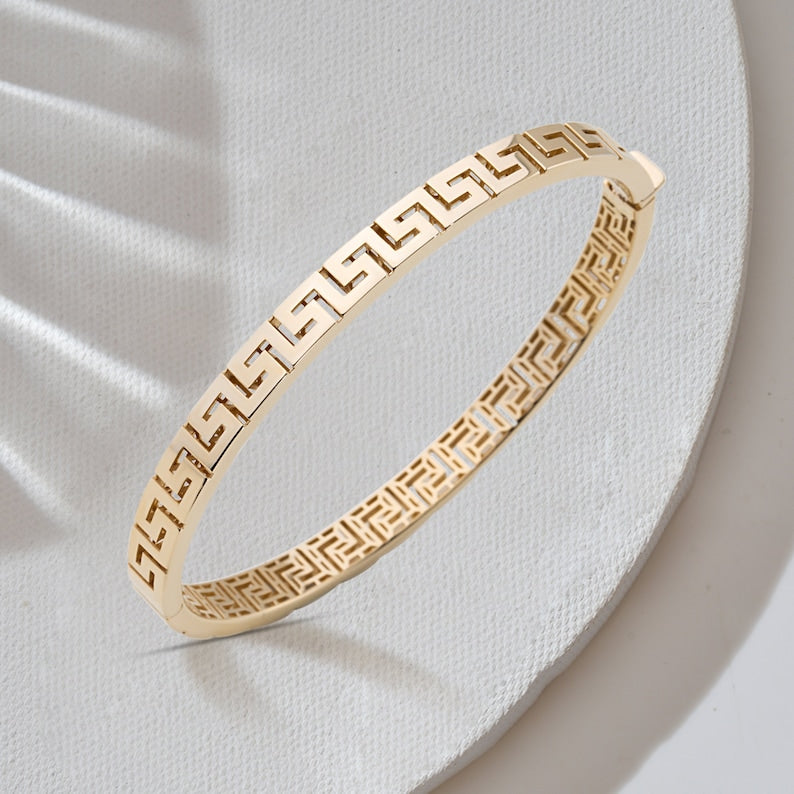 14k Solid Gold Greek Key Bangle, Greka Motif Bangle, Meander Bangle, Christmas Gift for Her, Greek Key Jewelry For Women, Gift for Mom