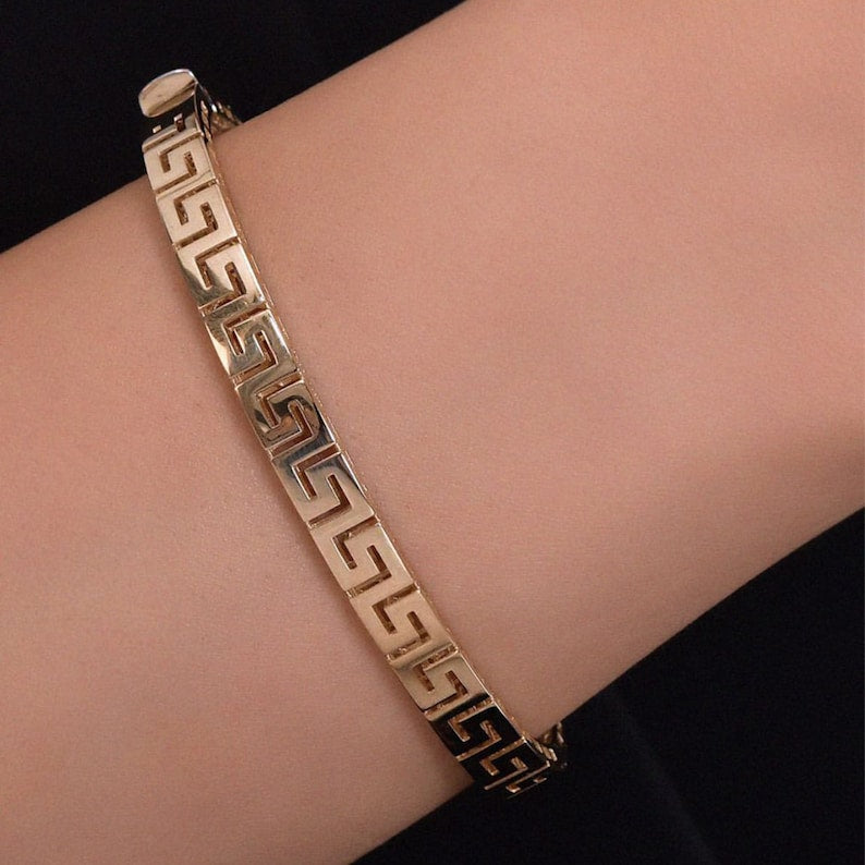14k Solid Gold Greek Key Bangle, Greka Motif Bangle, Meander Bangle, Christmas Gift for Her, Greek Key Jewelry For Women, Gift for Mom