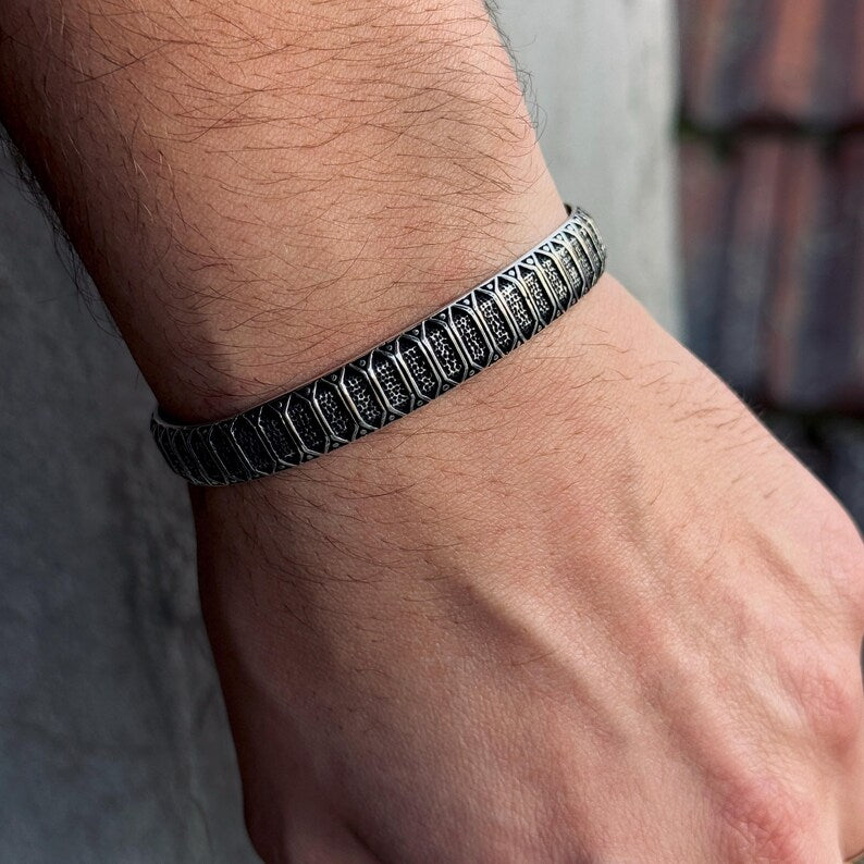 Handmade Men's Silver Bracelet, Men Engraved Cuff Bracelet, Adjustable Cuff Men Bangle, Handmade Cuff Bracelet, Anniversary Gift, Men Gift