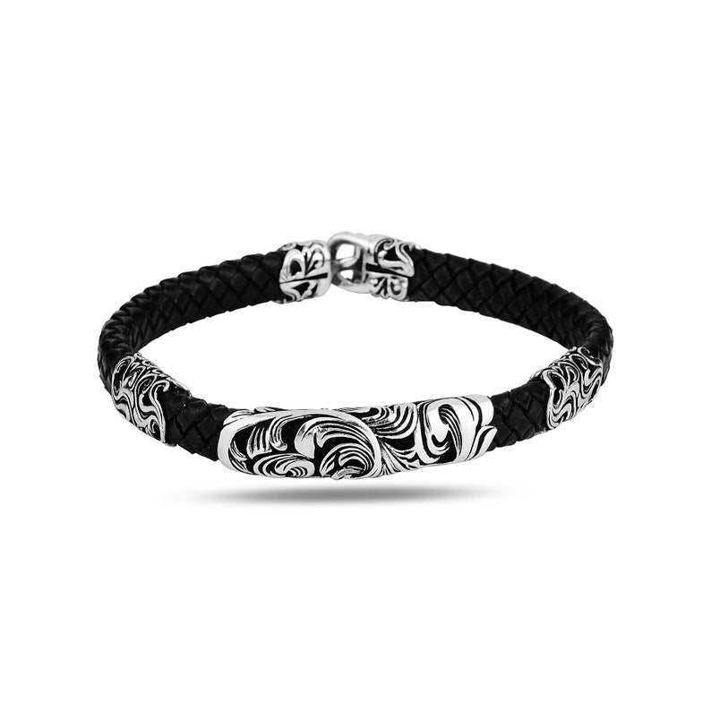 Mens Silver Bracelet , Black Leather Bracelet